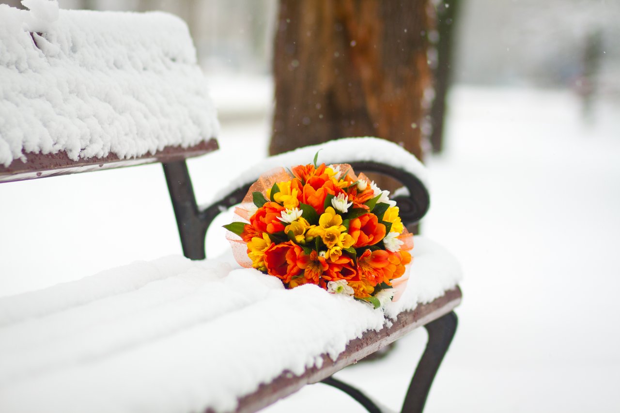 kwiaty ślubne na ławce zimową porą